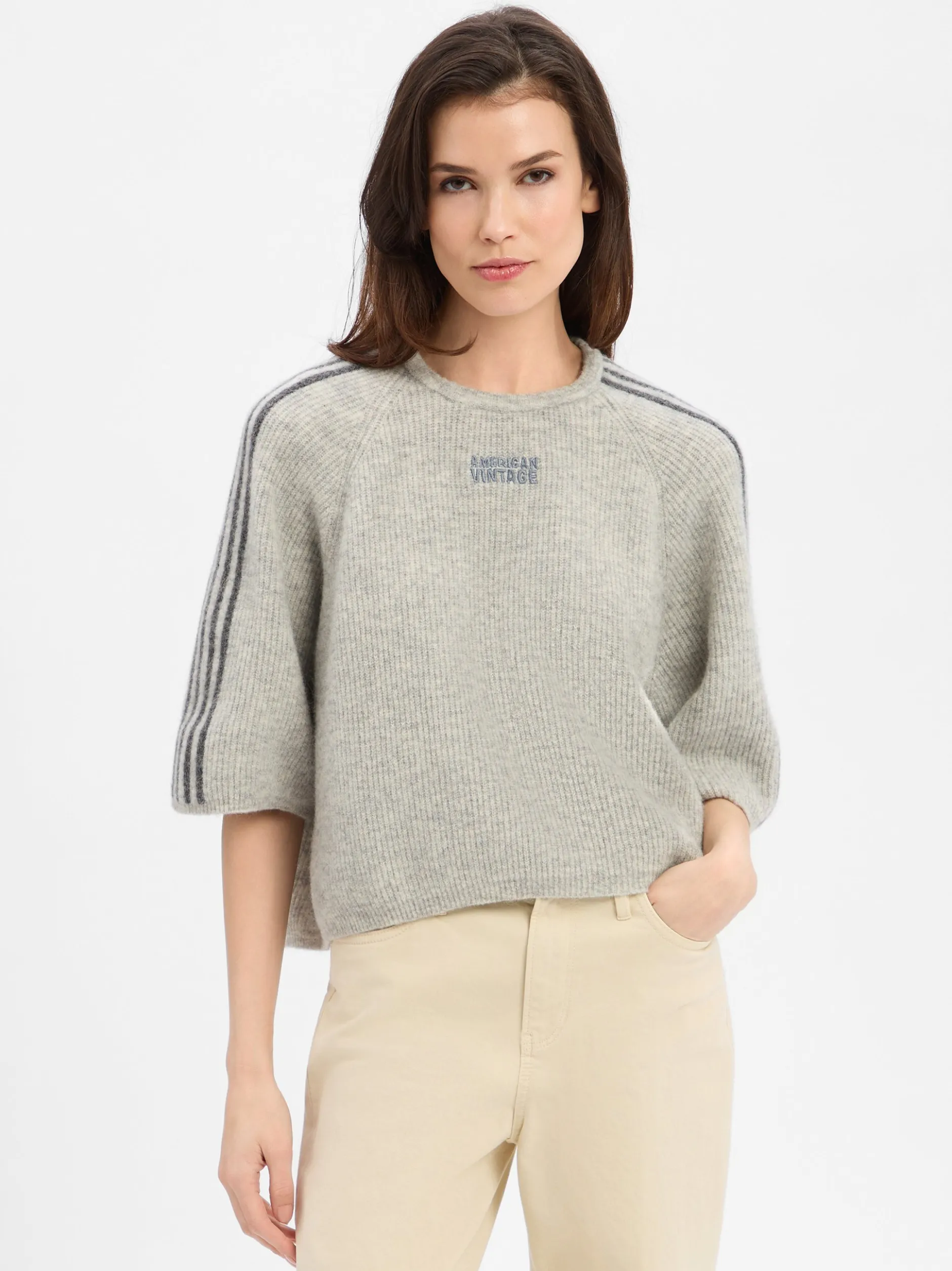 american vintage Damen Strickpullover in hellgrau anthrazit