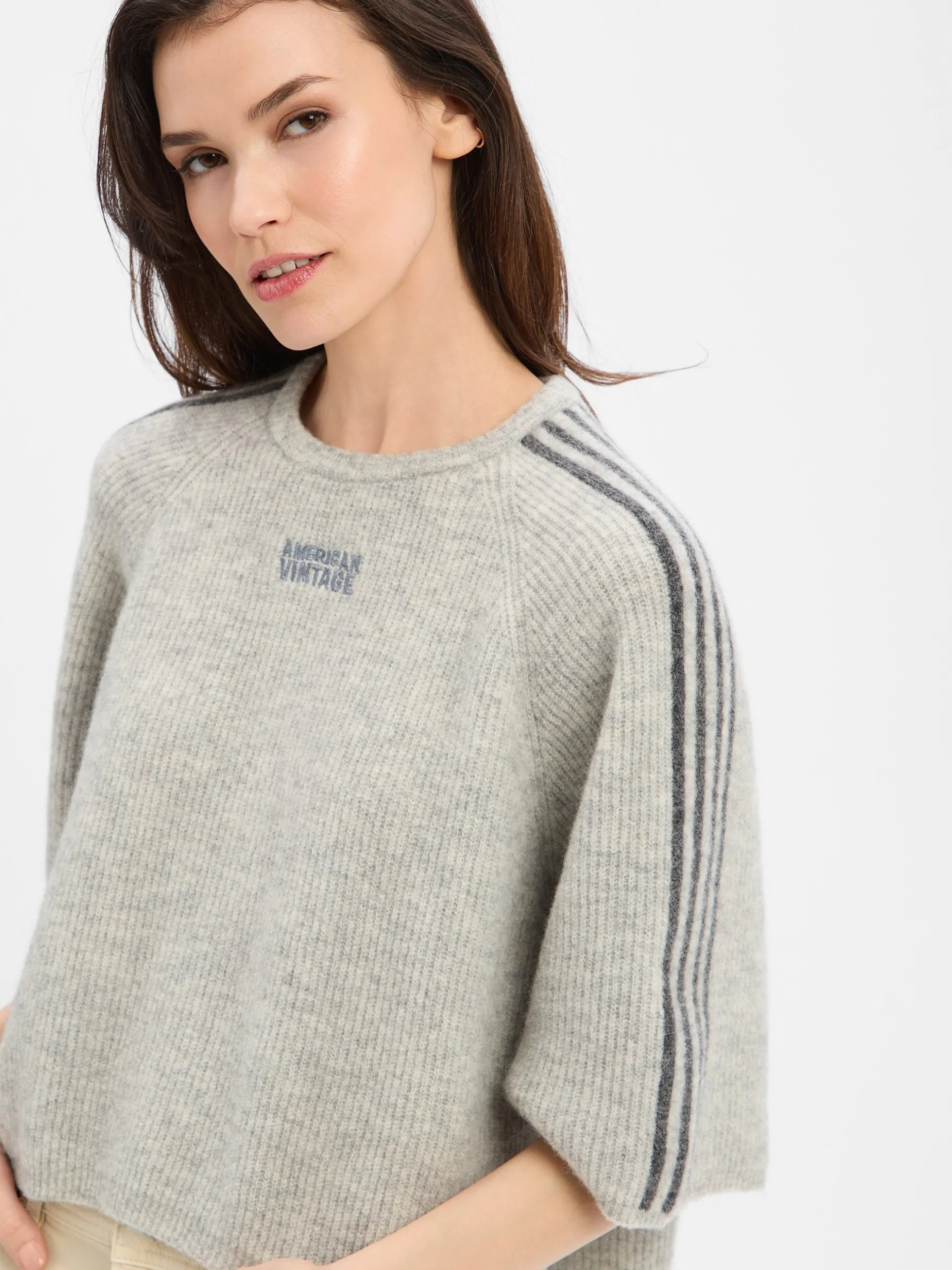 american vintage Damen Strickpullover in hellgrau anthrazit
