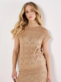 Apricot Damen Stricktop in beige - Ärmel: extra kurz