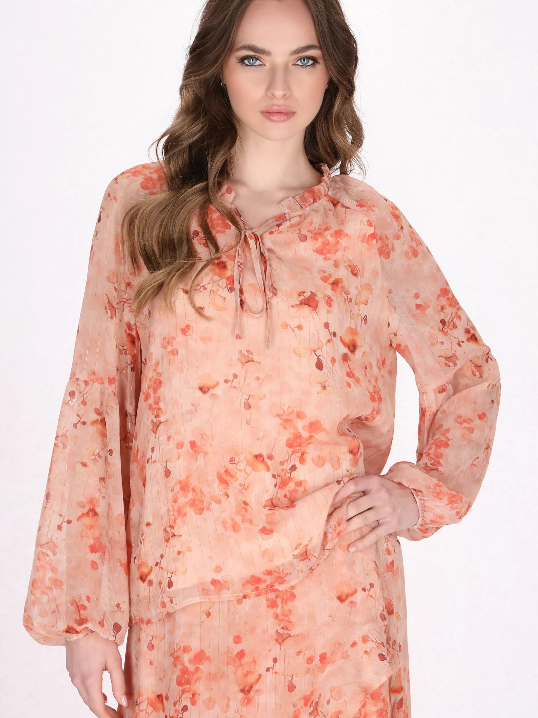 Dreimaster Damen Bluse in aprikot - Ausschnitt: Rundhals