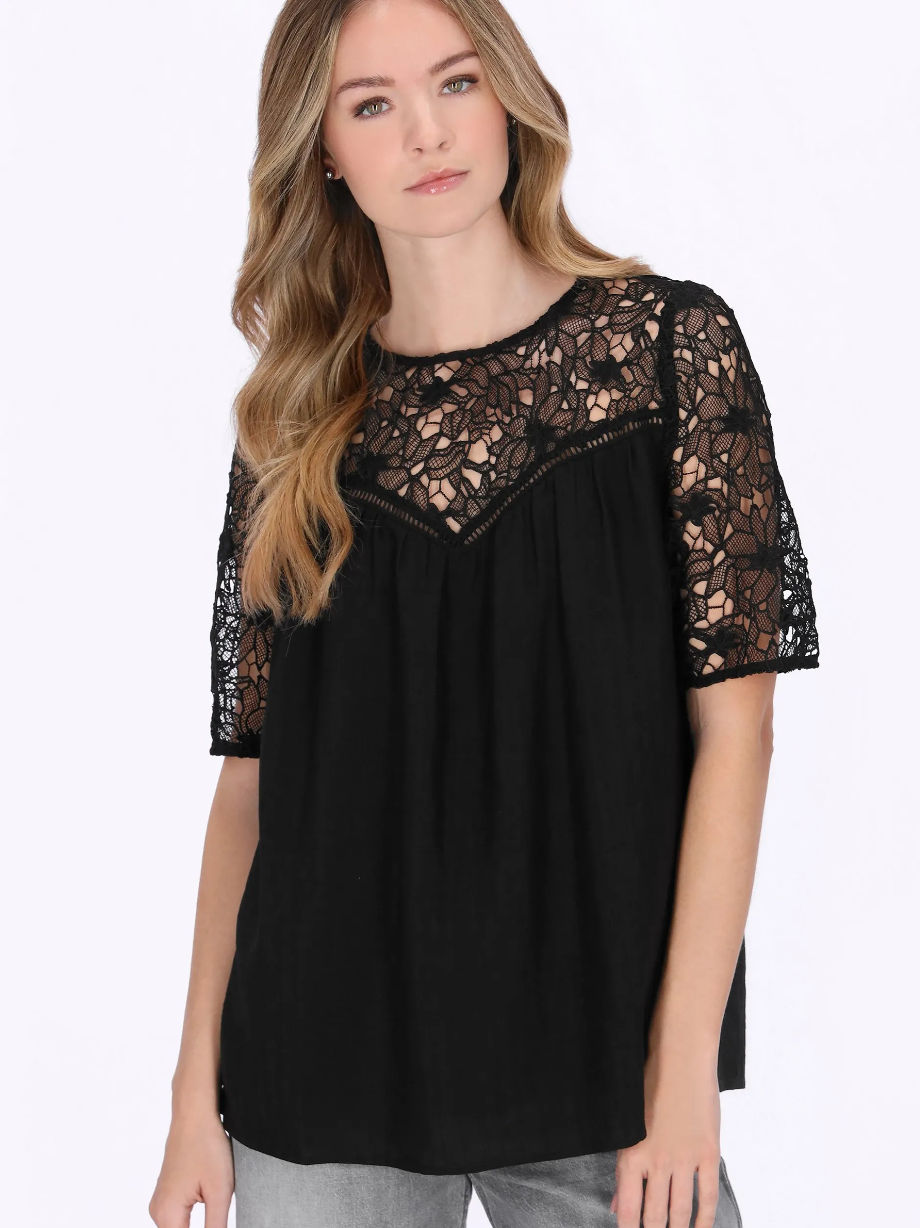 Dreimaster Damen Bluse in schwarz - Ausschnitt: Rundhals