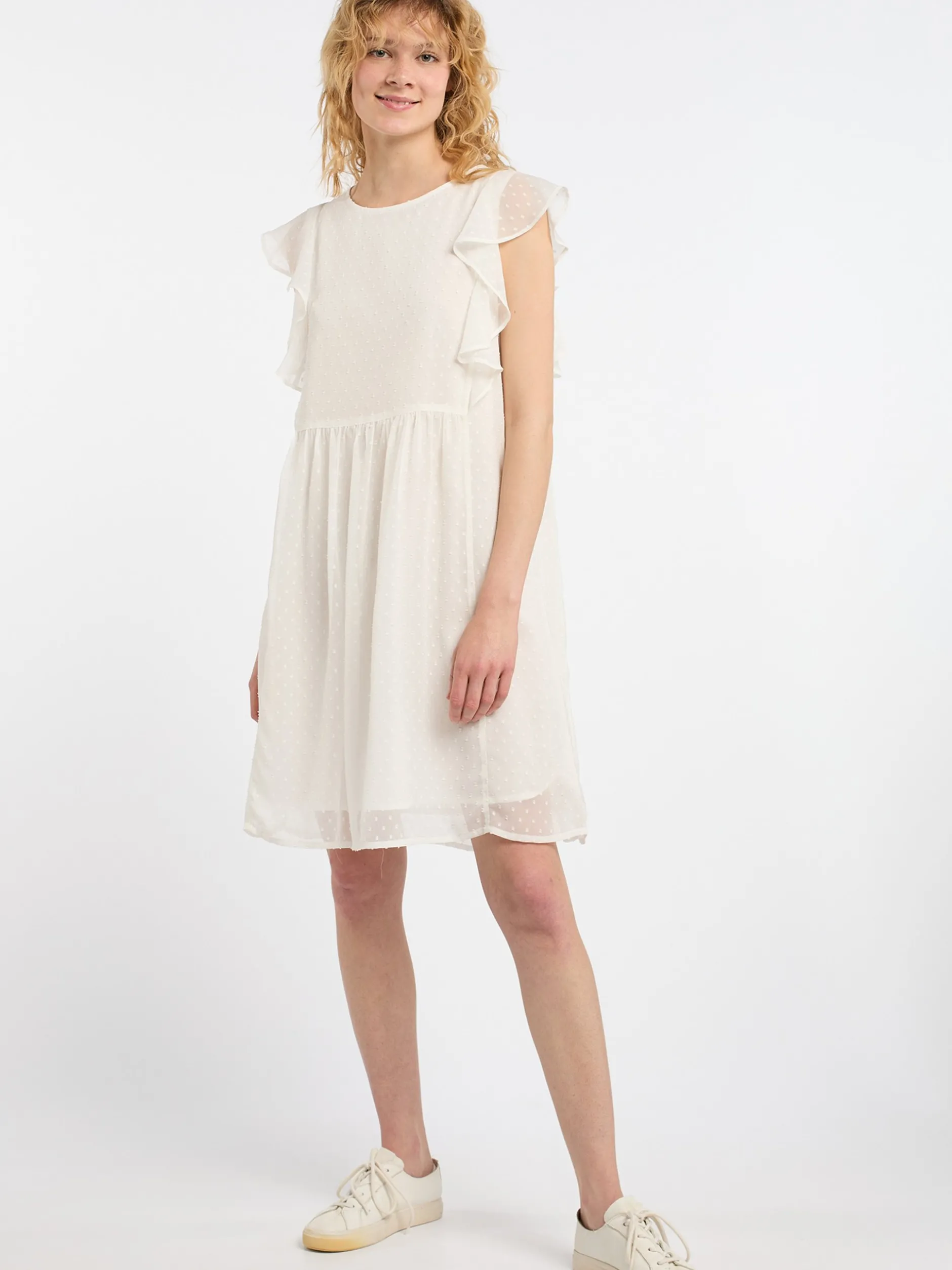 Dreimaster Damen Midikleid mit Rüschen in weiß