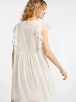 Dreimaster Damen Midikleid mit Rüschen in weiß