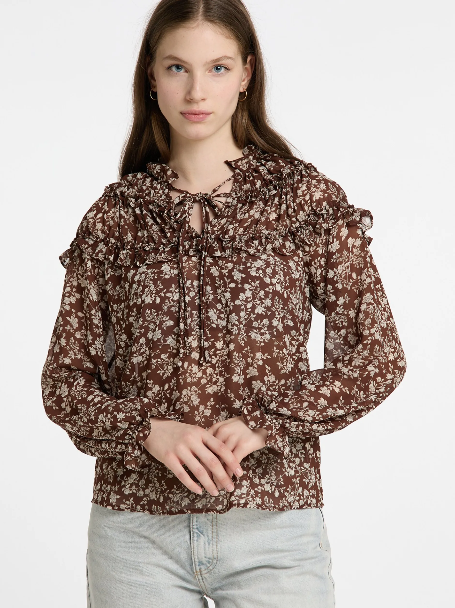 Dreimaster Damen Rüschenbluse in braun
