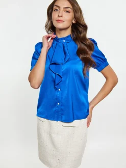 Faina Damen Hemdbluse in blau - Ausschnitt: ohne Kragen