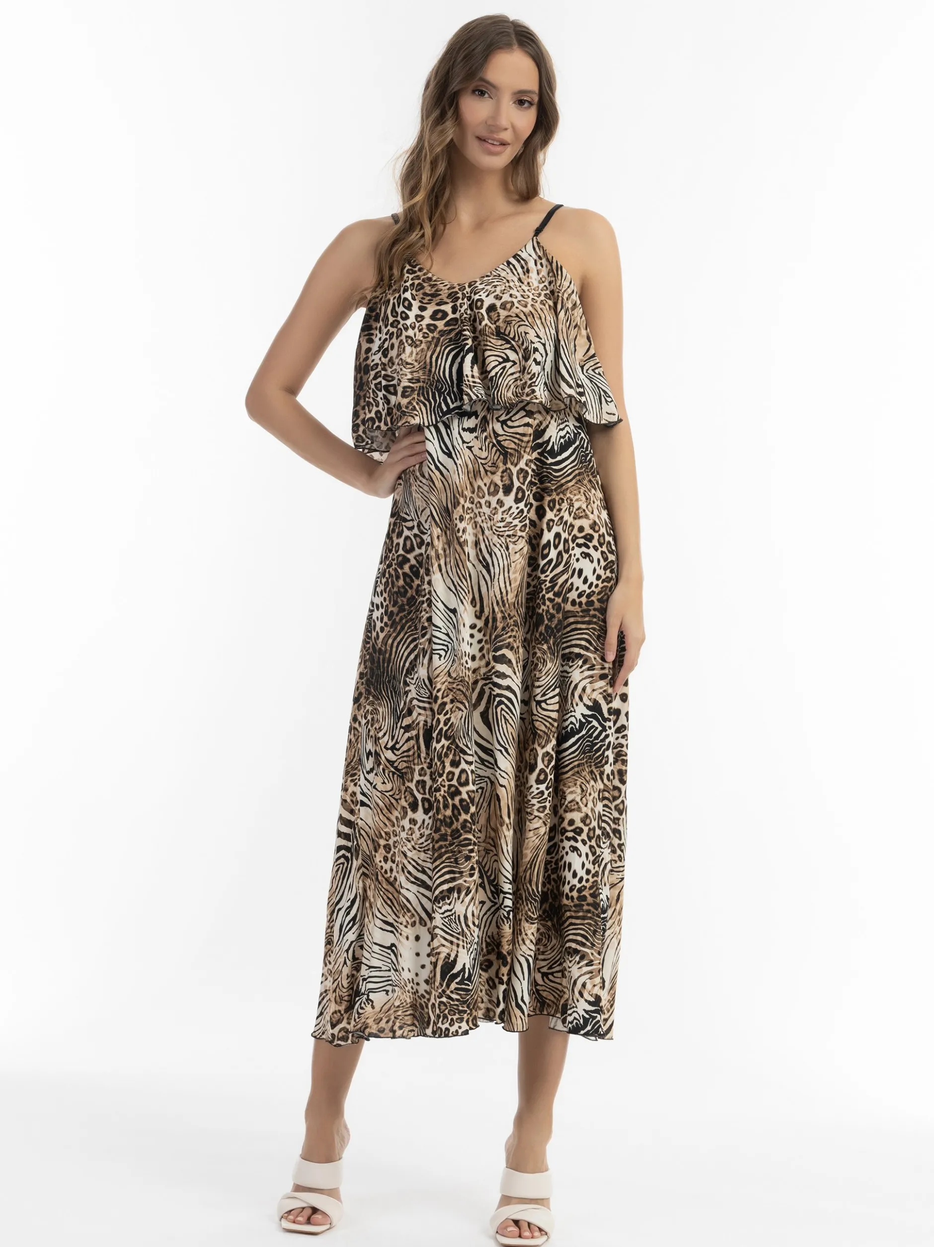 Faina Damen Maxikleid mit Animal-Print in beige
