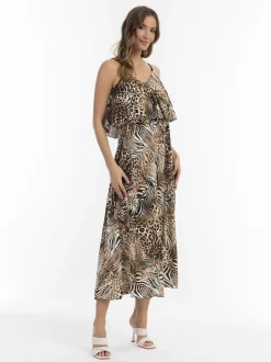 Faina Damen Maxikleid mit Animal-Print in beige
