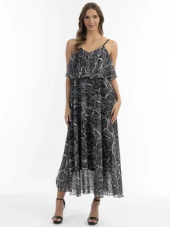 Faina Damen Maxikleid mit Schlangen-Print in schwarz