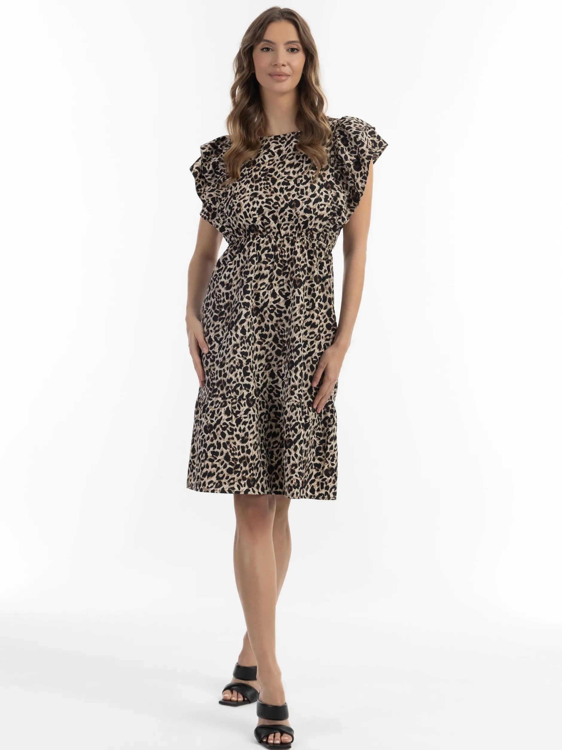 Faina Damen Midikleid mit Leoprint in camel