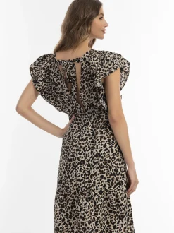 Faina Damen Midikleid mit Leoprint in camel