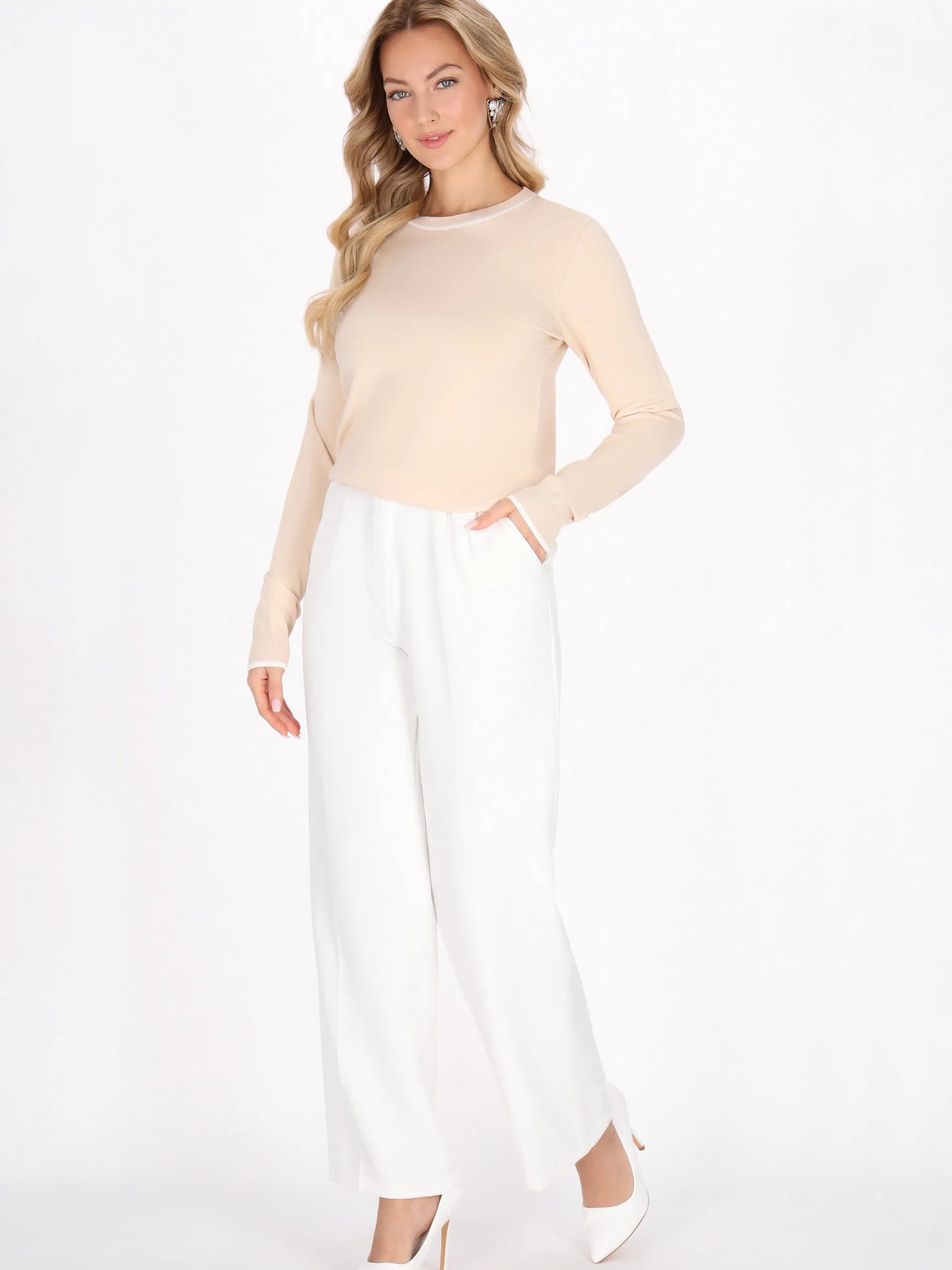 Faina Damen Pullover in beige - Ausschnitt: Rundhals