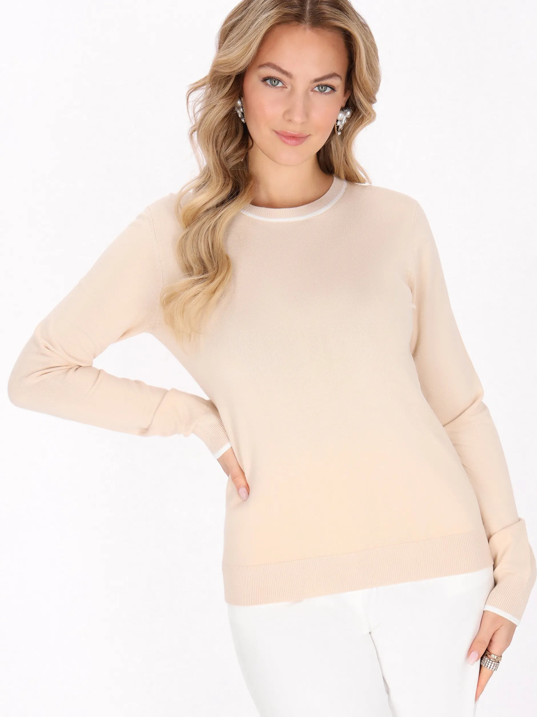 Faina Damen Pullover in beige - Ausschnitt: Rundhals