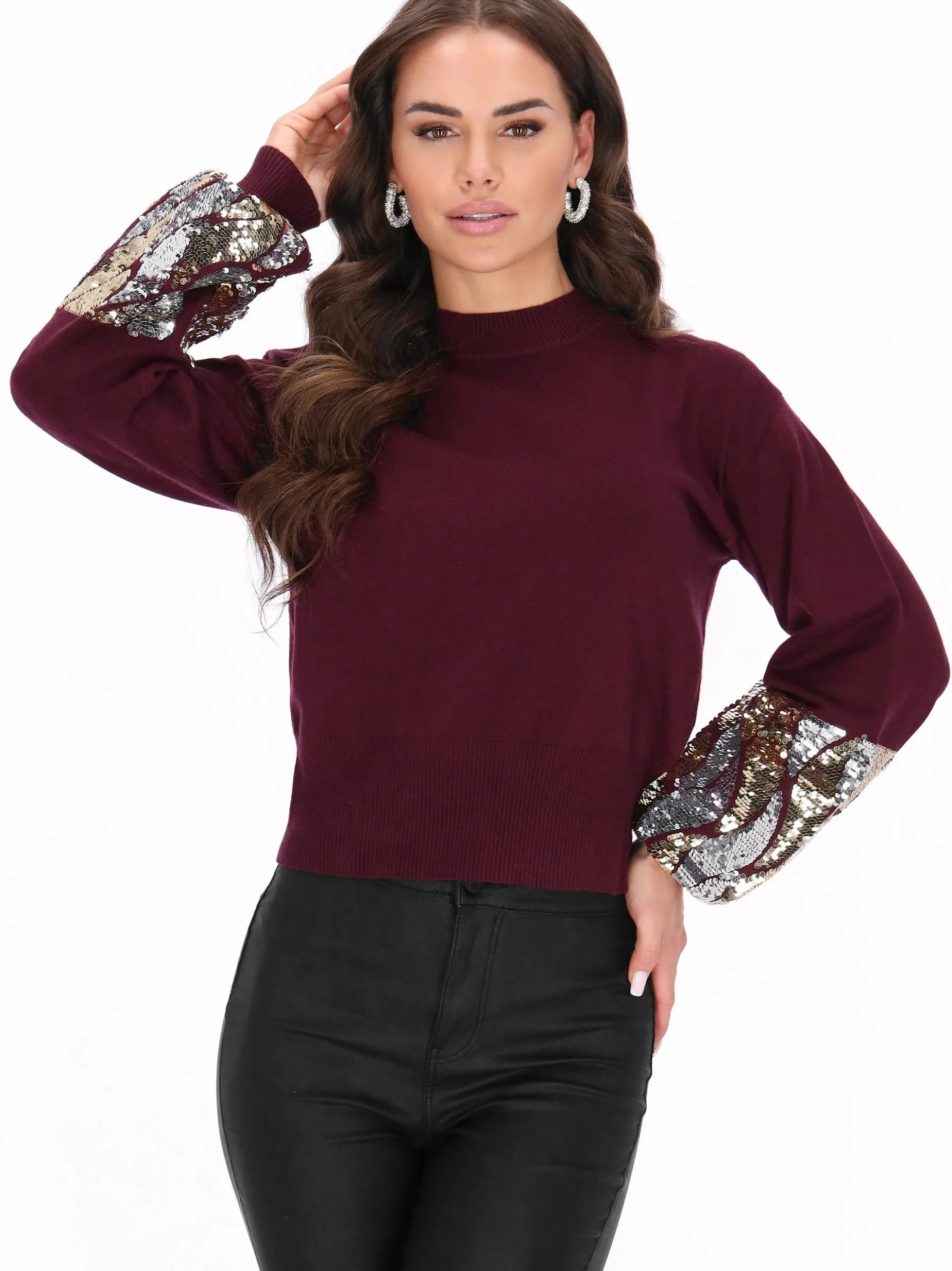 Faina Damen Pullover in bordeaux - Ausschnitt: Rundhals