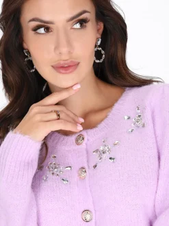 Faina Damen Strickjacke in lila - Ausschnitt: Rundhals