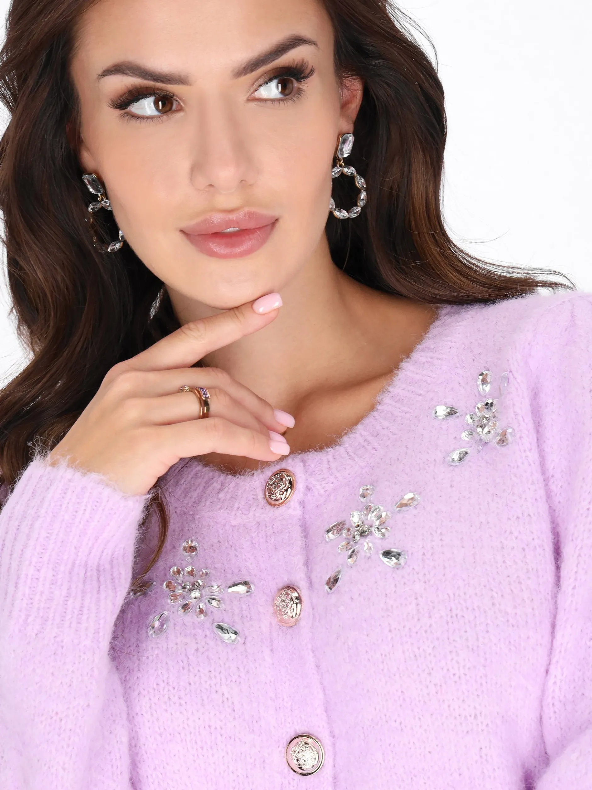 Faina Damen Strickjacke in lila - Ausschnitt: Rundhals