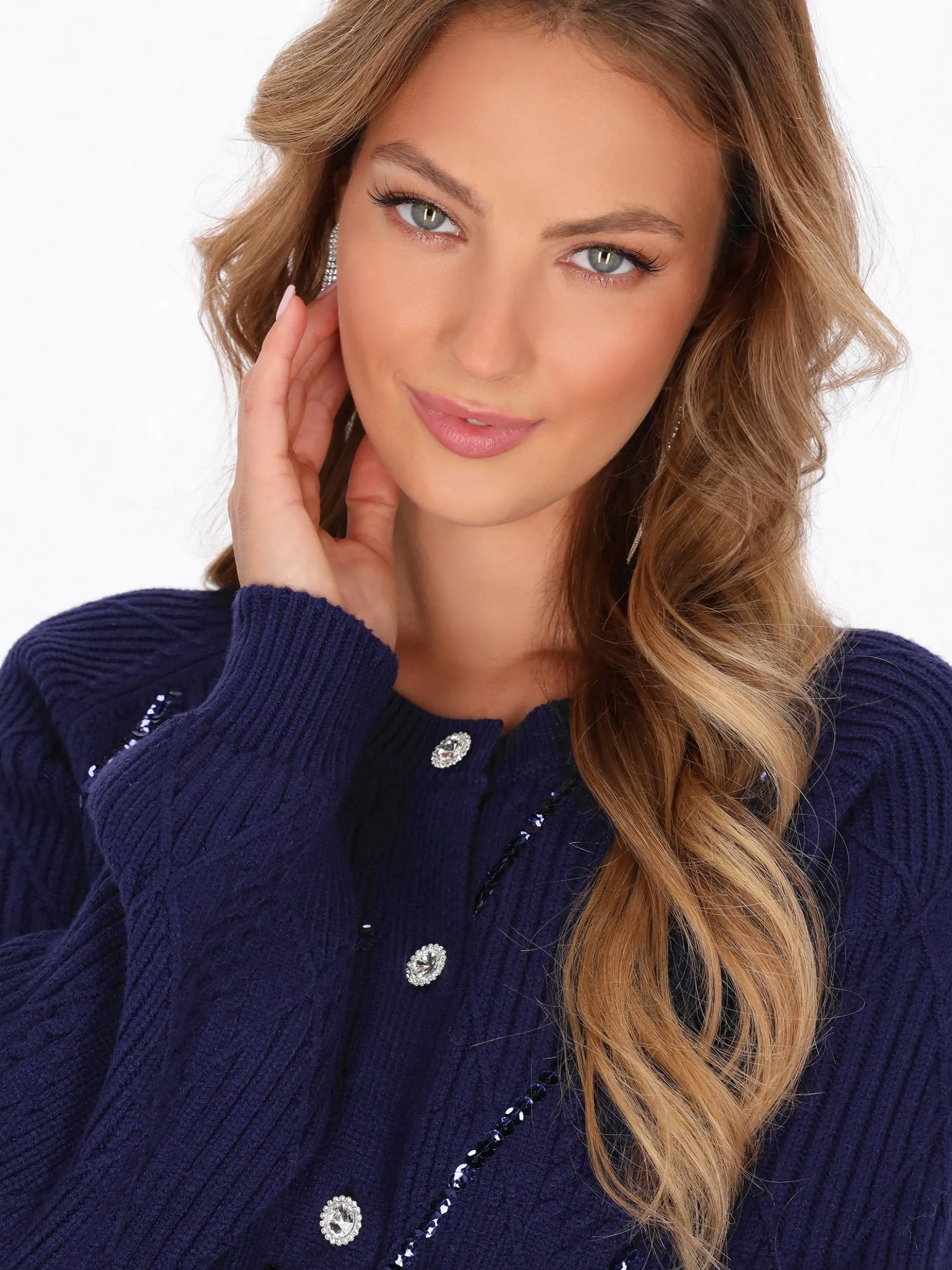 Faina Damen Strickjacke in marine - Ausschnitt: Rundhals