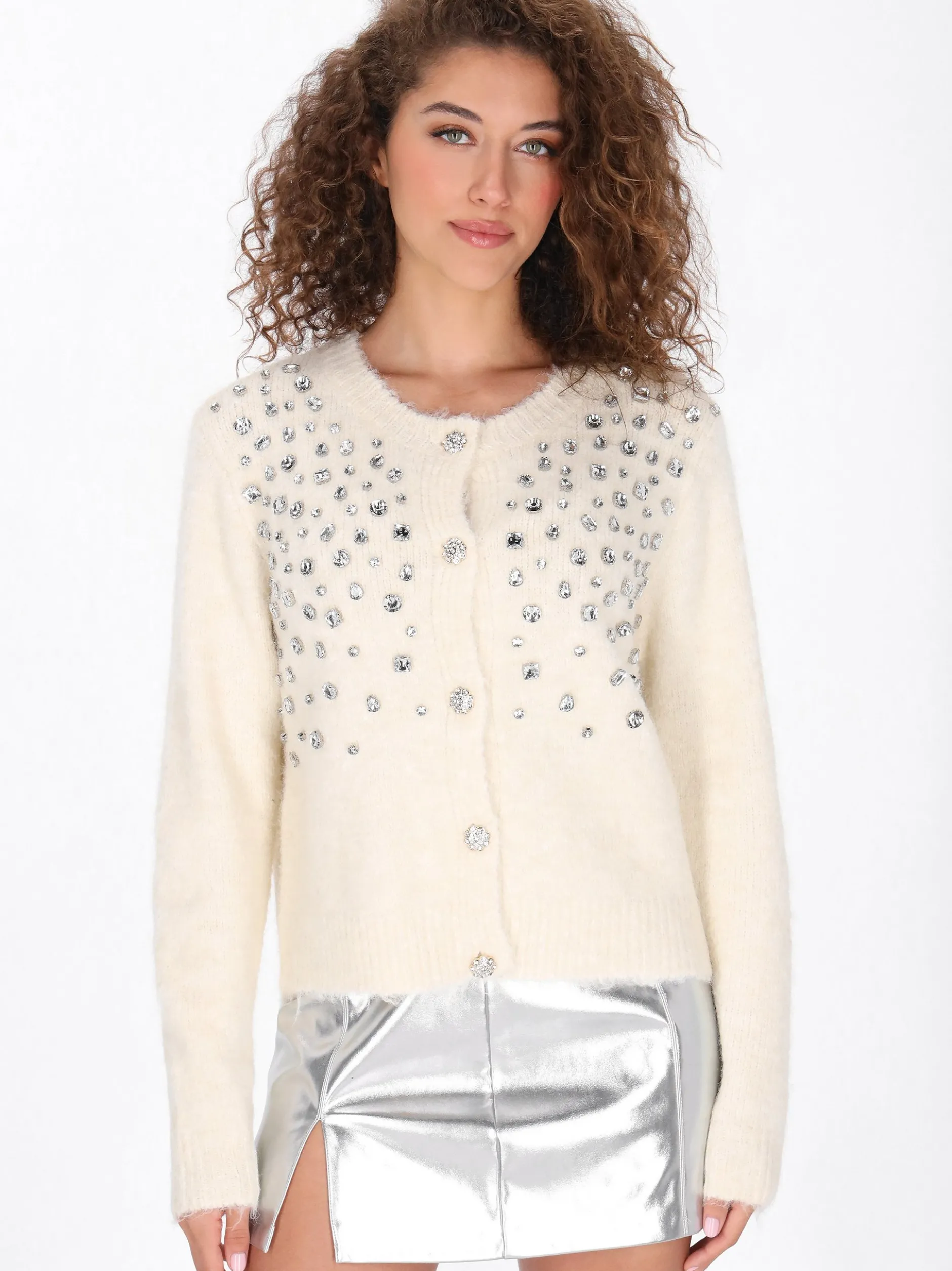 Faina Damen Strickjacke in weiß - Ausschnitt: Rundhals