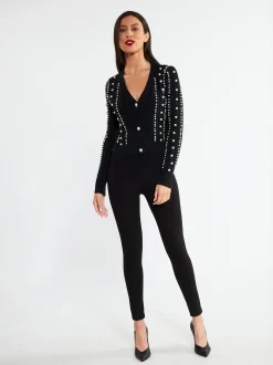 Faina Damen Strickjacke mit Perlen in schwarz