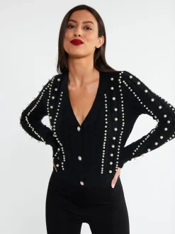 Faina Damen Strickjacke mit Perlen in schwarz