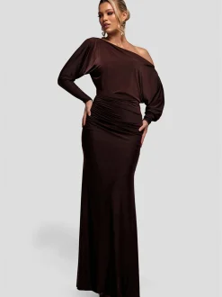 Goddiva Damen Maxi-Kleid in braun - Ausschnitt: Carmen