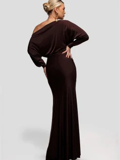 Goddiva Damen Maxi-Kleid in braun - Ausschnitt: Carmen