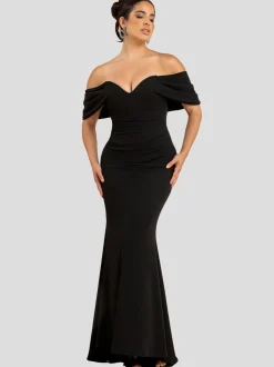 Goddiva Damen Maxi Kleid in schwarz - Ausschnitt: Carmen