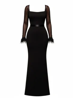 Goddiva Damen Maxikleid in schwarz - Ausschnitt: Karree