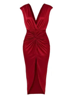 Goddiva Damen Midi-Kleid in bordeaux - Länge: midi