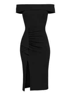 Goddiva Damen Midi-Kleid in schwarz - Ausschnitt: Carmen