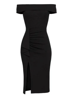 Goddiva Damen Midi-Kleid in schwarz - Ausschnitt: Carmen