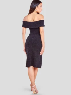 Goddiva Damen Midi-Kleid in schwarz - Ausschnitt: Carmen