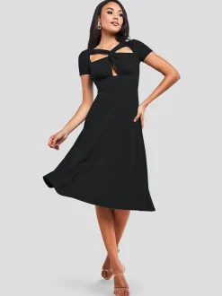 Goddiva Damen Midi-Kleid in schwarz - Ausschnitt: Karree