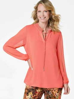 Goldner Damen Chiffon Blusen in koralle - Ärmel: langarm
