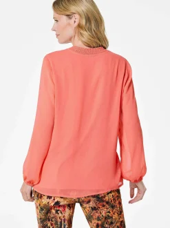 Goldner Damen Chiffon Blusen - Kurzgröße in koralle
