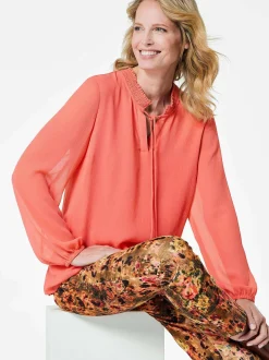 Goldner Damen Chiffon Blusen - Kurzgröße in koralle