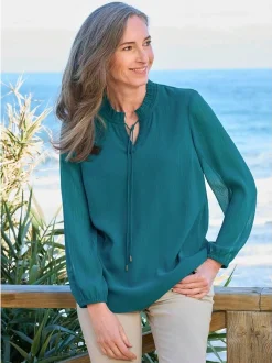 Goldner Damen Chiffon Blusen - Kurzgröße in petrol