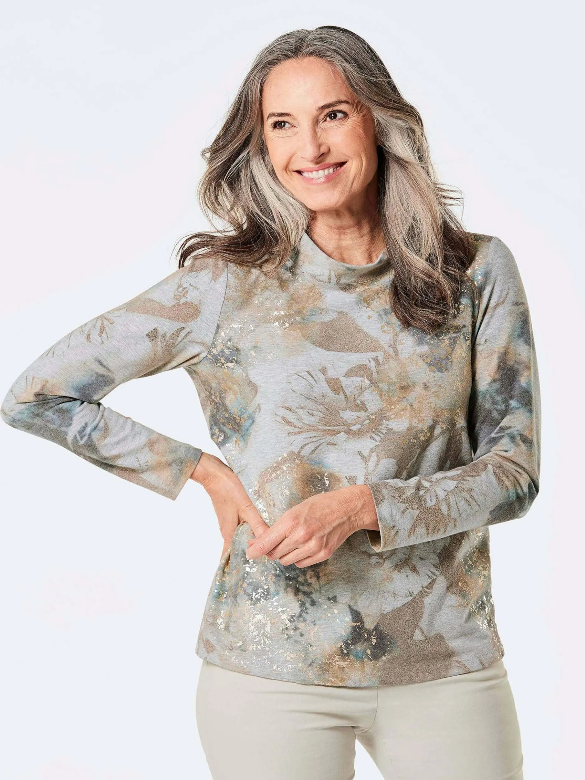 Goldner Damen Langarmshirt - Kurzgröße in grau