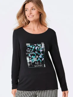 Goldner Damen Print Shirts in schwarz - Ärmel: langarm