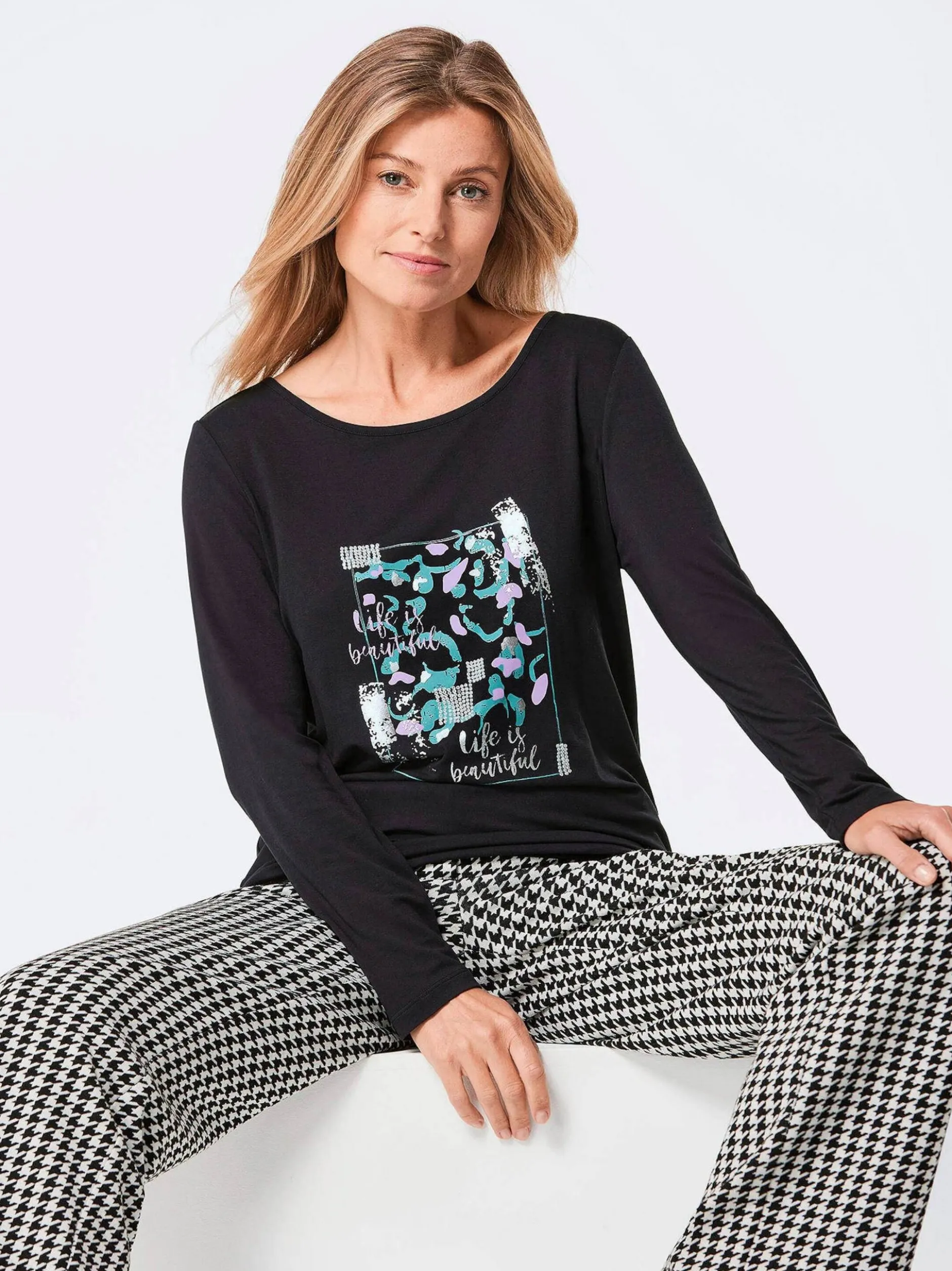 Goldner Damen Print Shirts in schwarz - Ärmel: langarm
