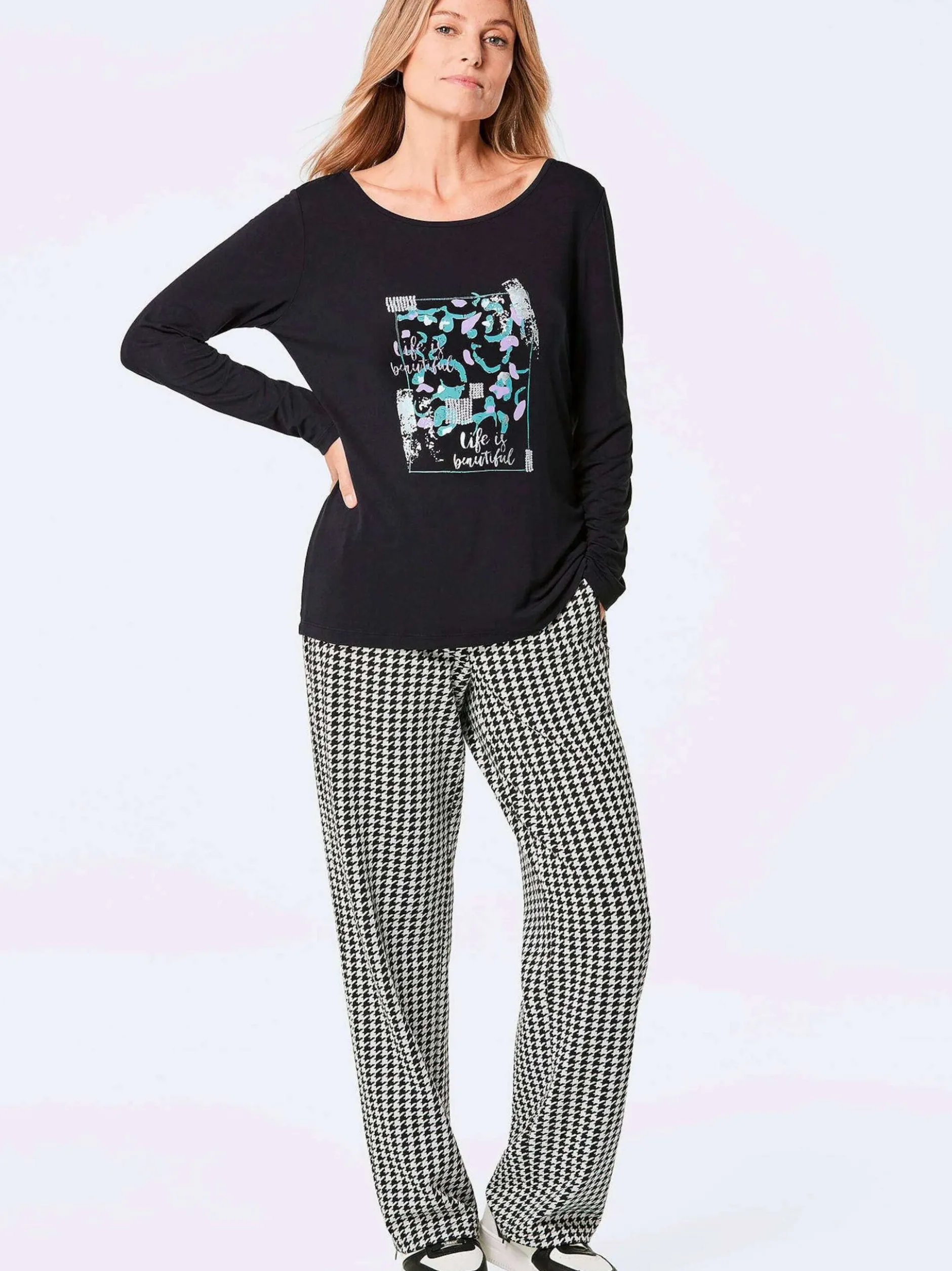 Goldner Damen Print Shirts in schwarz - Ärmel: langarm