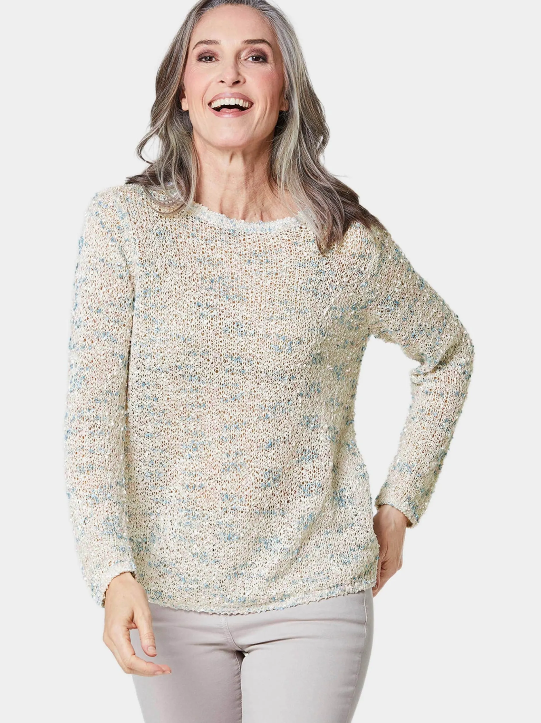 Goldner Damen Strickpullover in weiß - Ärmel: langarm