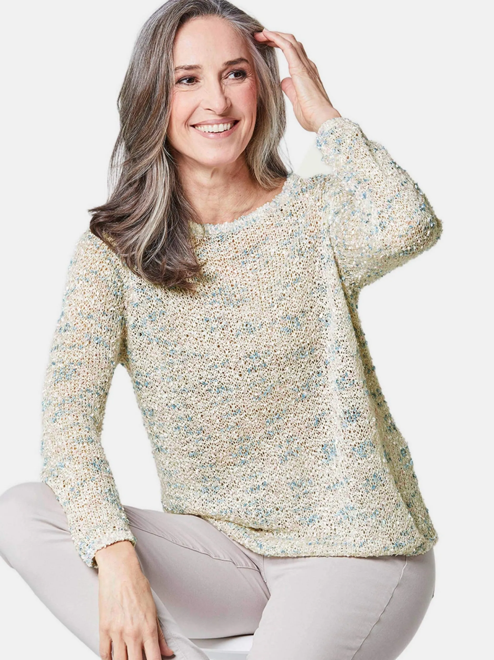Goldner Damen Strickpullover in weiß - Ärmel: langarm