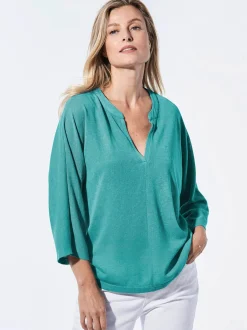 Goldner Damen T-Shirts in grün - Ausschnitt: Schalkragen