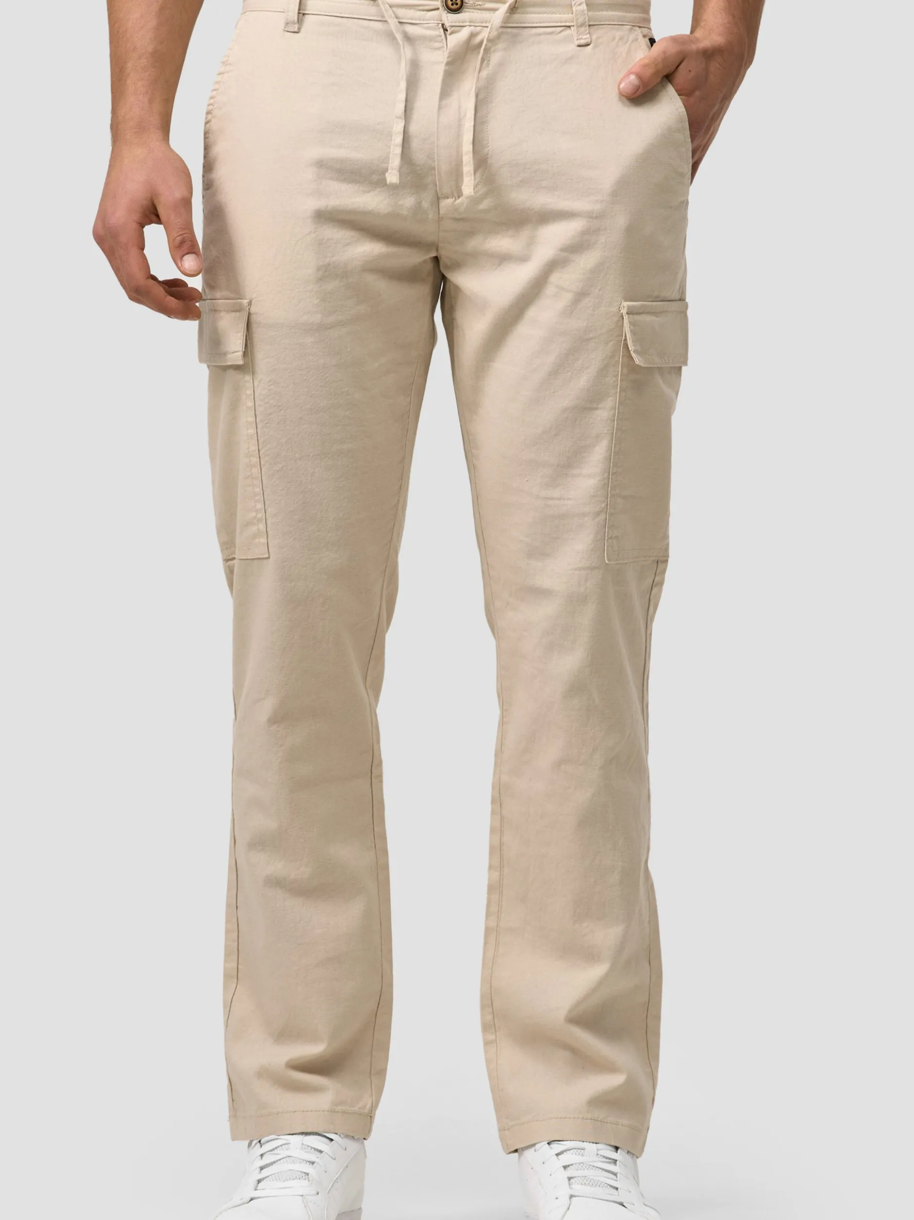 Indicode Herren Leinenhose Cargo - Leonardo in beige sand