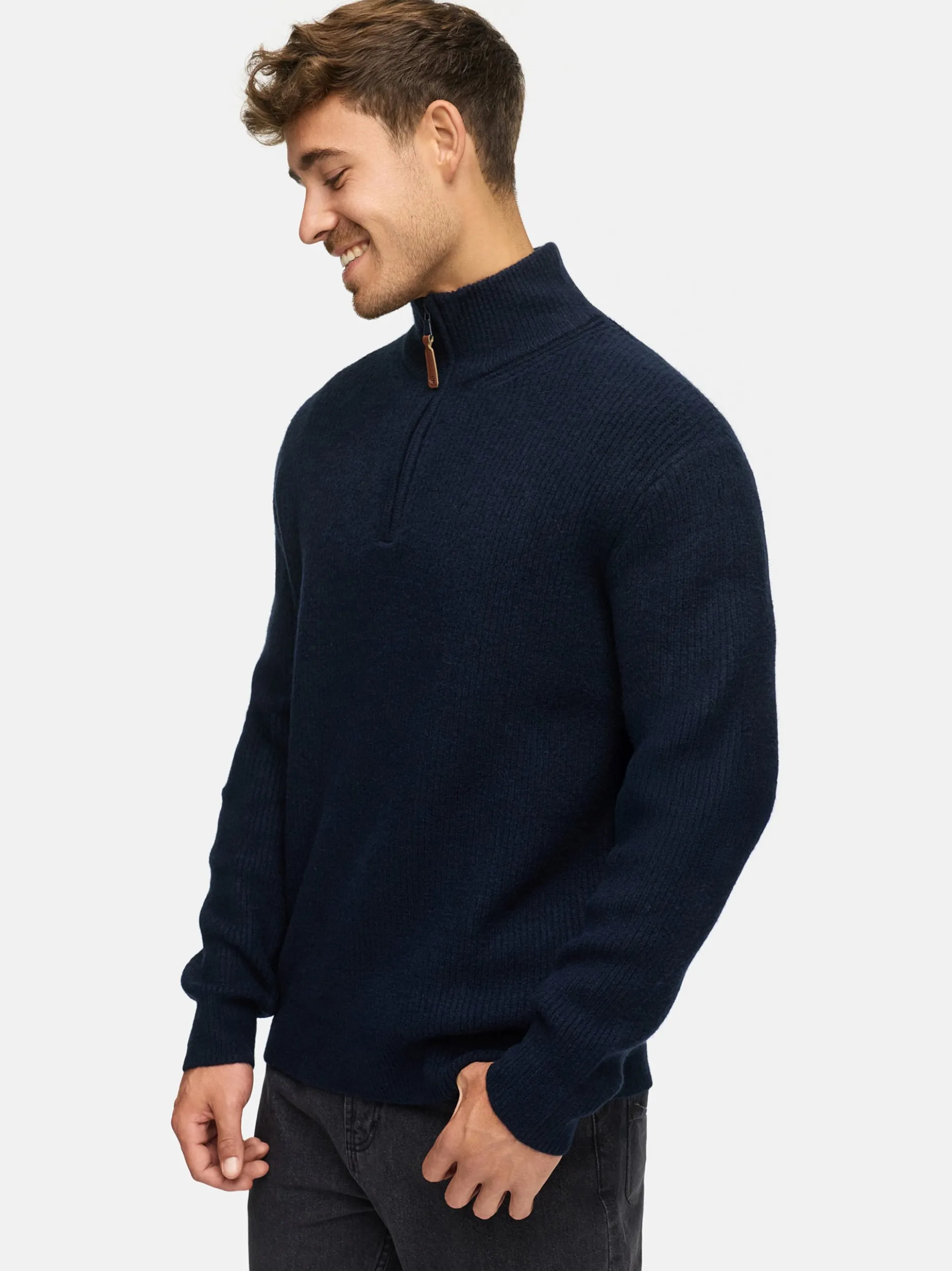 Indicode Herren Strickpullover - INPeace Half Zip in blau