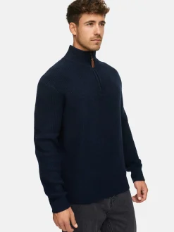 Indicode Herren Strickpullover - INPeace Half Zip in blau