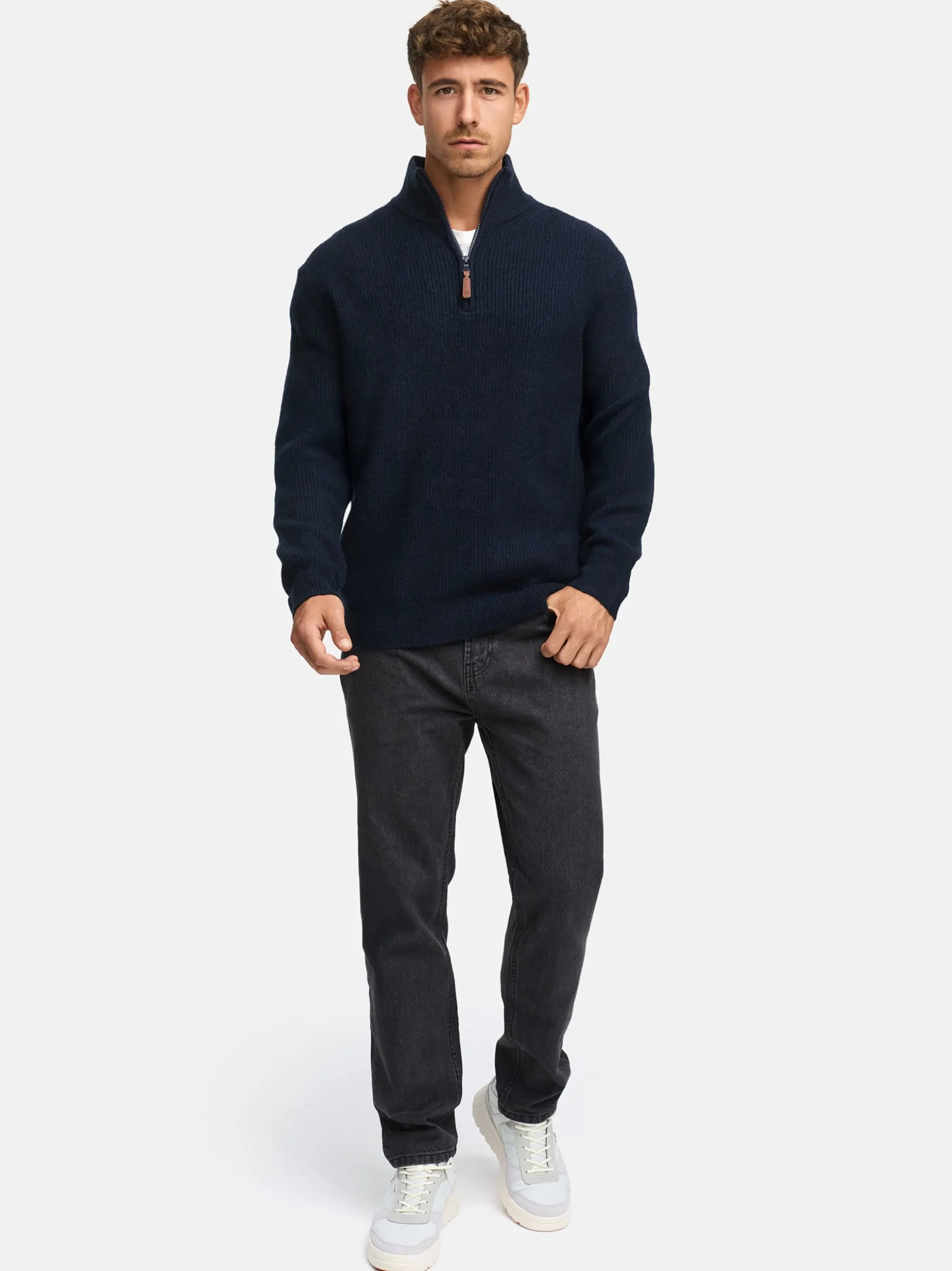 Indicode Herren Strickpullover - INPeace Half Zip in blau