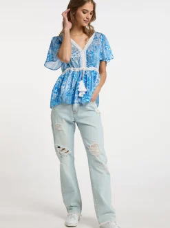 IZIA Damen Bluse in blau - Ausschnitt: V-Ausschnitt