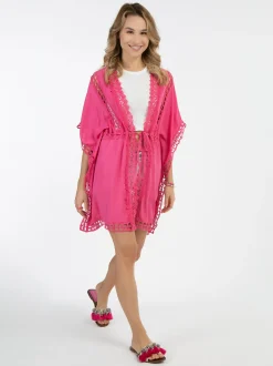 IZIA Damen Kimono mit Lochspitze in pink - Länge: mittel
