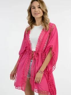 IZIA Damen Kimono mit Lochspitze in pink - Länge: mittel